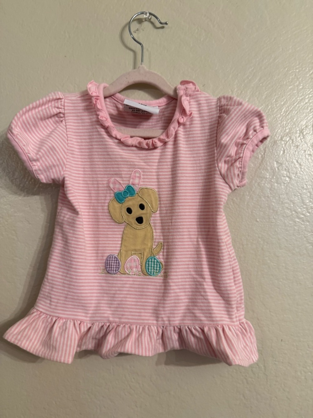 Pink Striped Puppy Applique Ruffle Tee